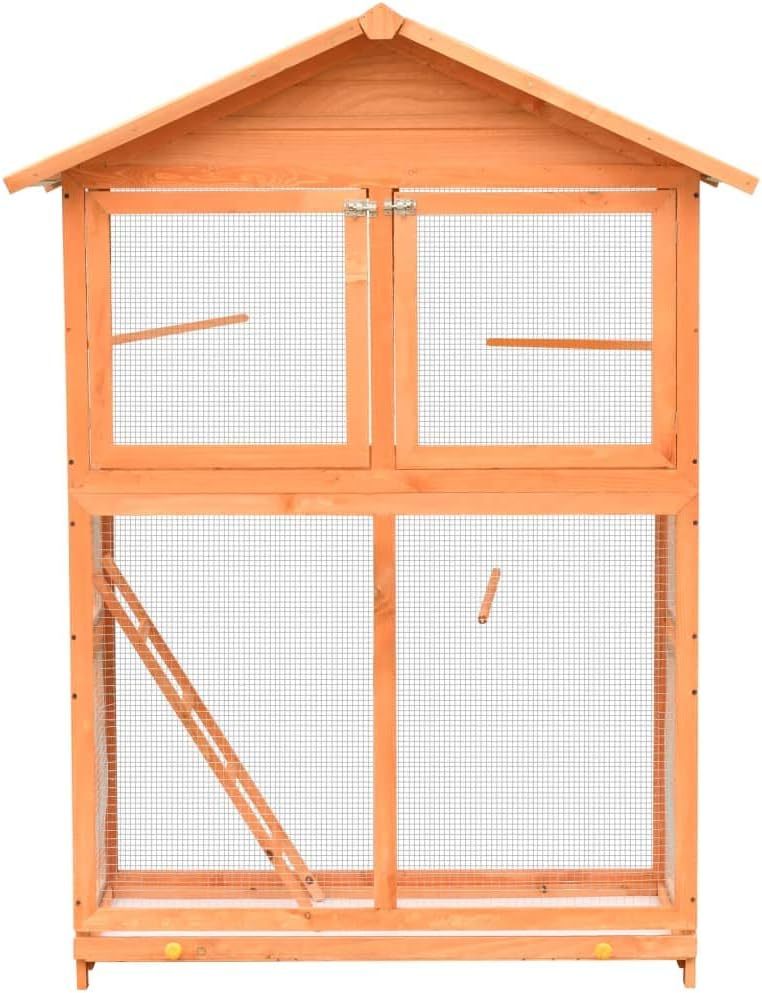 “vidaXL Large Outdoor Bird Cage with Pull Out Tray, Water Resistant Roof, Ladder, Iron Wire Grid Construction, Solid Pinewood Frame - Brown & Green”