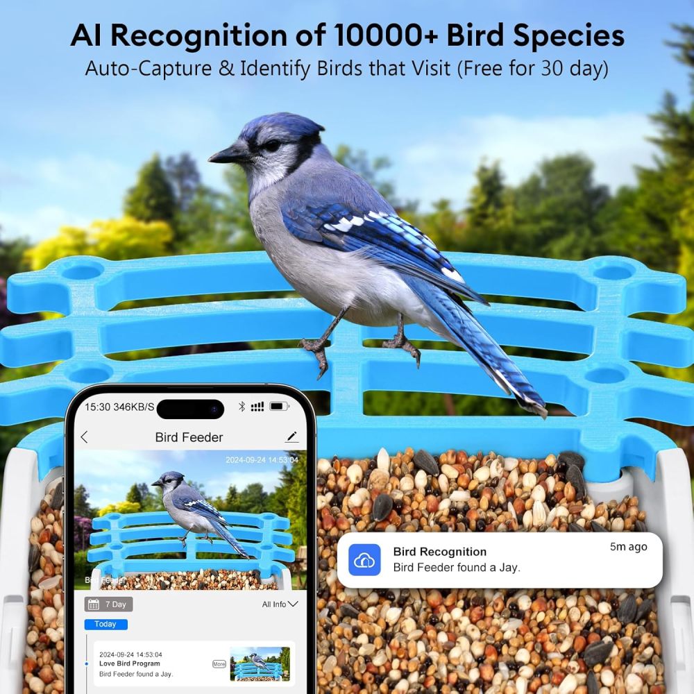 Smart Bird Feeder with Camera Solar Powered, 2.5k HD Camera Auto Capture &AI Identification, Real Time Notifications, Gift for Bird Lovers, Blue