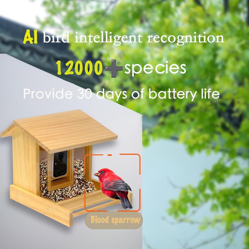 Smart Pure Wooden Bird Feeder with Camera, 2K HD AI Identify 10000+ Birds, Auto Capture Bird & Real-time Notifications, with Squirrel Expulsion Alert & Night Vision Wireless