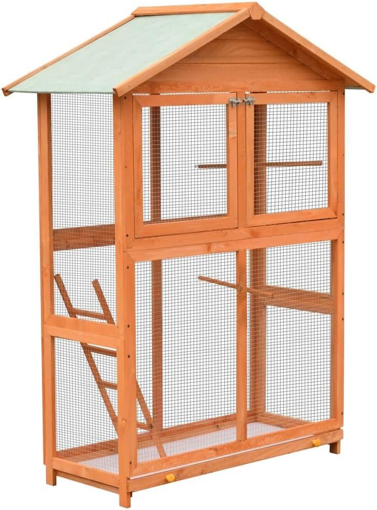 “vidaXL Large Outdoor Bird Cage with Pull Out Tray, Water Resistant Roof, Ladder, Iron Wire Grid Construction, Solid Pinewood Frame - Brown & Green”