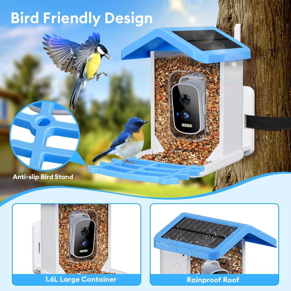 Smart Bird Feeder with Camera Solar Powered, 2.5k HD Camera Auto Capture &AI Identification, Real Time Notifications, Gift for Bird Lovers, Blue