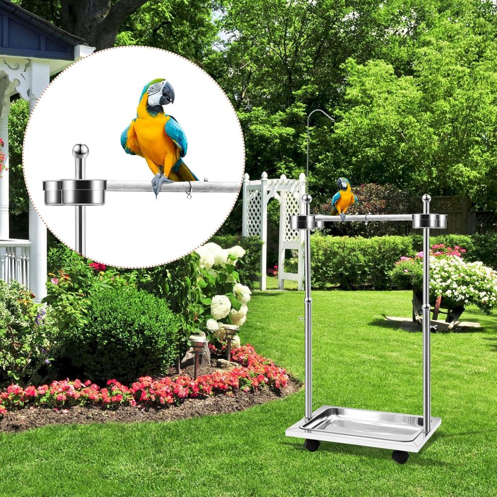 Tandefio Parrot Stand Bird Play Stand 21.65 x 15.35 x 27.95 Inches Large Metal Stainless Steel Bird Playstand Adjustable Height Perch with Universal Wheels and Feeding Bowls