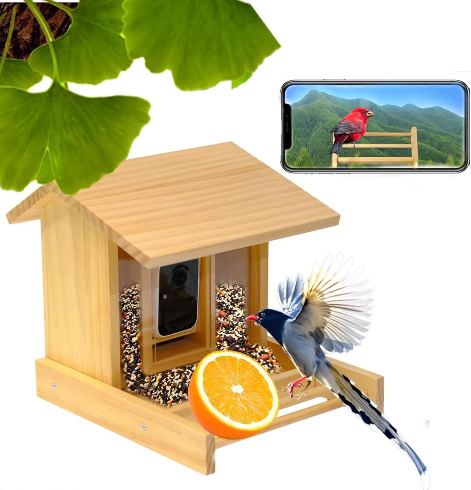 Smart Pure Wooden Bird Feeder with Camera, 2K HD AI Identify 10000+ Birds, Auto Capture Bird & Real-time Notifications, with Squirrel Expulsion Alert & Night Vision Wireless