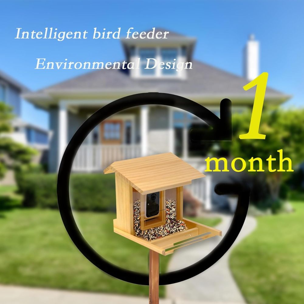 Smart Pure Wooden Bird Feeder with Camera, 2K HD AI Identify 10000+ Birds, Auto Capture Bird & Real-time Notifications, with Squirrel Expulsion Alert & Night Vision Wireless