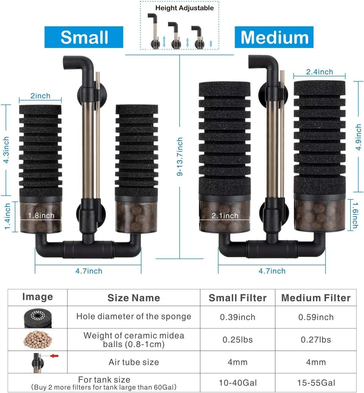 hygger Aquarium Double Sponge Filter, Comes with 2 Spare Sponges (S)