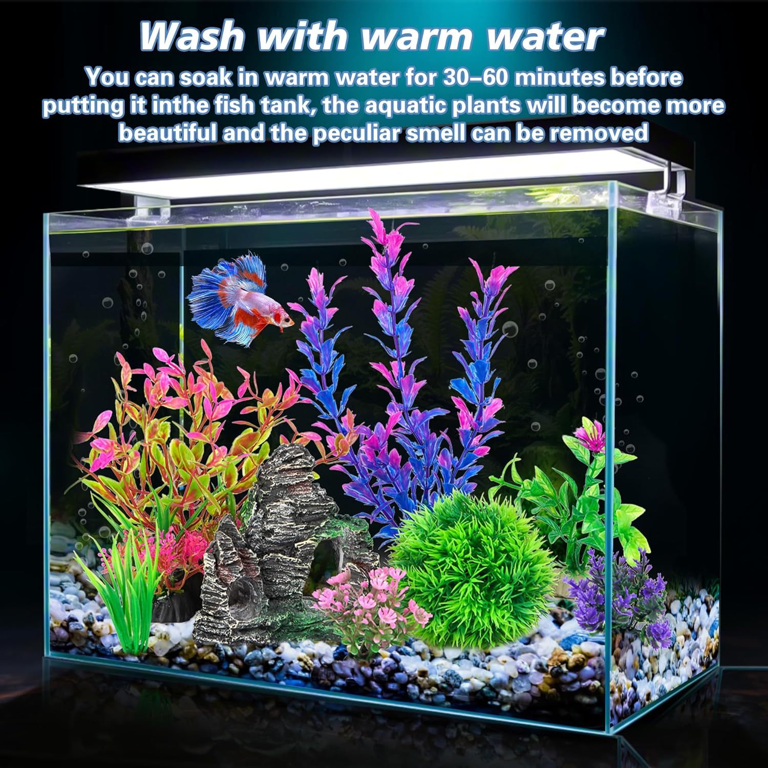 Ameliade Aquarium Artificial Plastic Plants Decorations and Rock Cave Decor Set Goldfish Betta Fish Tank Accessories Small Large Fish Bowl Ornaments