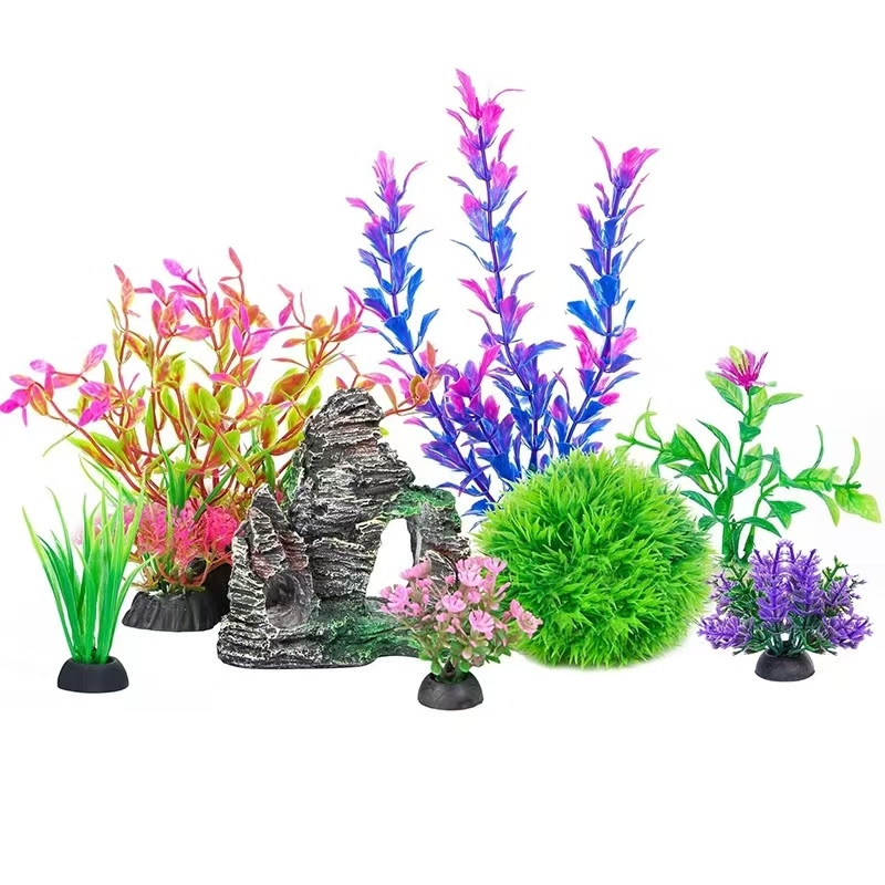 Ameliade Aquarium Artificial Plastic Plants Decorations and Rock Cave Decor Set Goldfish Betta Fish Tank Accessories Small Large Fish Bowl Ornaments