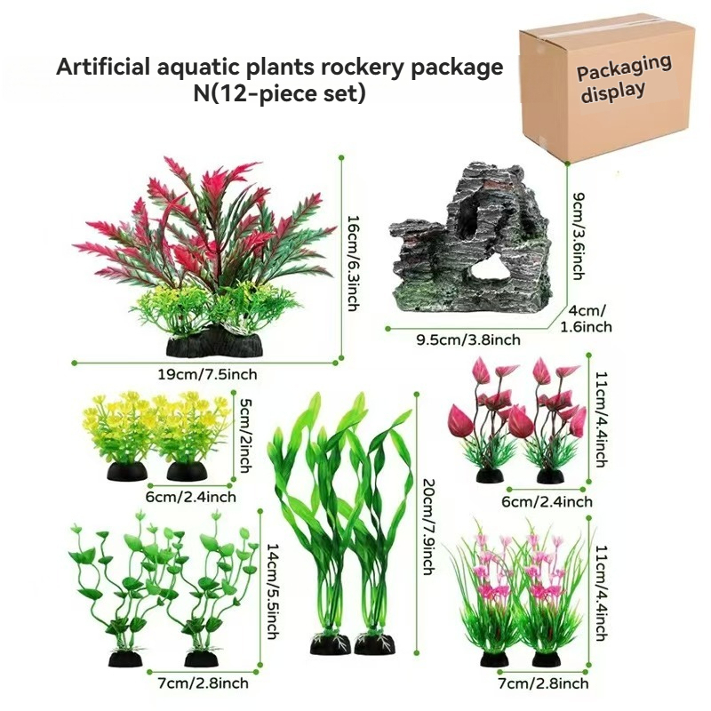 Ameliade Aquarium Artificial Plastic Plants Decorations and Rock Cave Decor Set Goldfish Betta Fish Tank Accessories Small Large Fish Bowl Ornaments