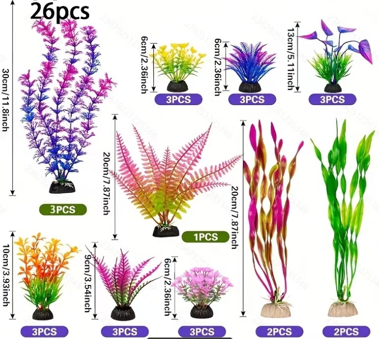 Petkcy Aquarium Artificial Green Plastic Plants Decorations 26 PCS Large Fish Tank Accessories Goldfish Betta Tank Decor