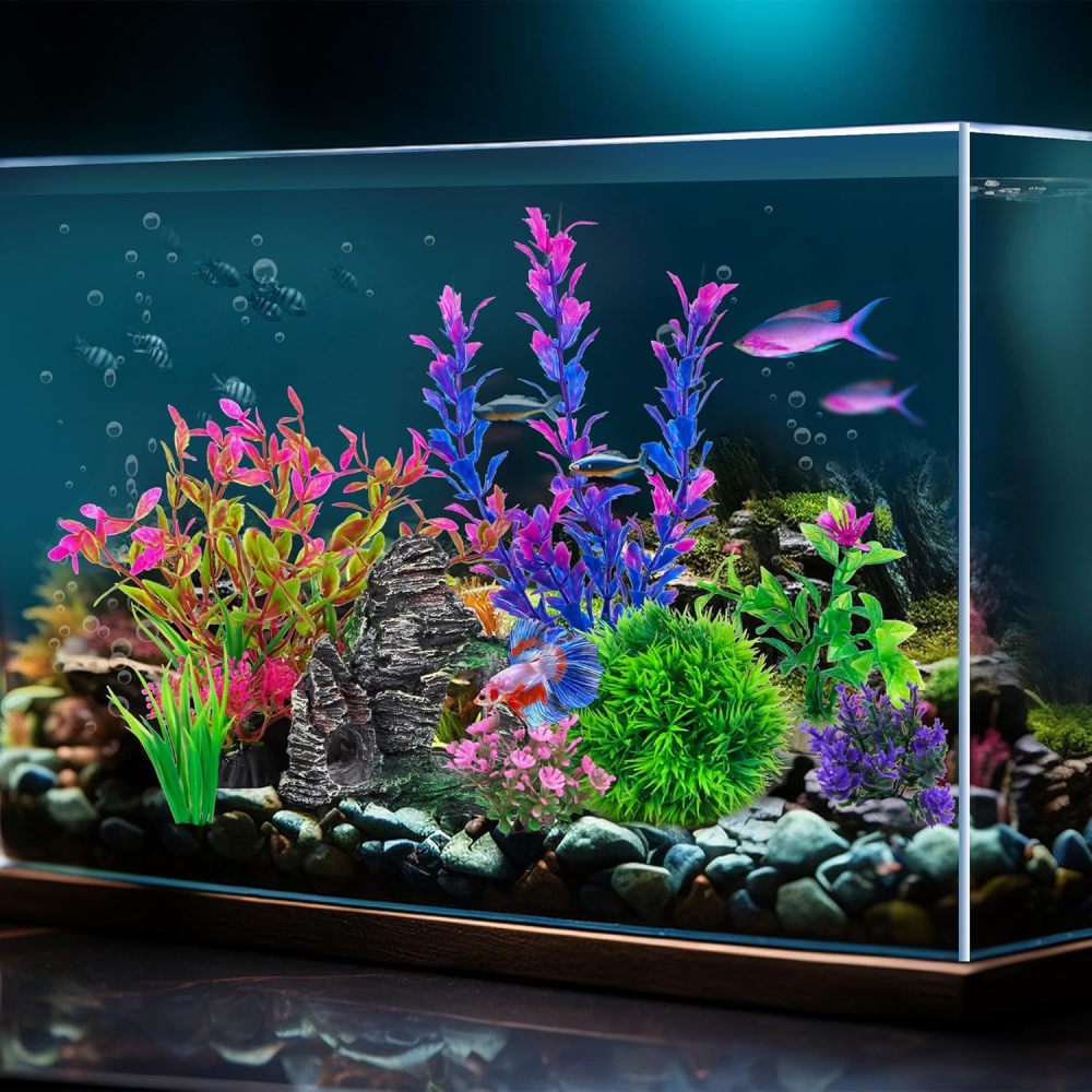 Ameliade Aquarium Artificial Plastic Plants Decorations and Rock Cave Decor Set Goldfish Betta Fish Tank Accessories Small Large Fish Bowl Ornaments