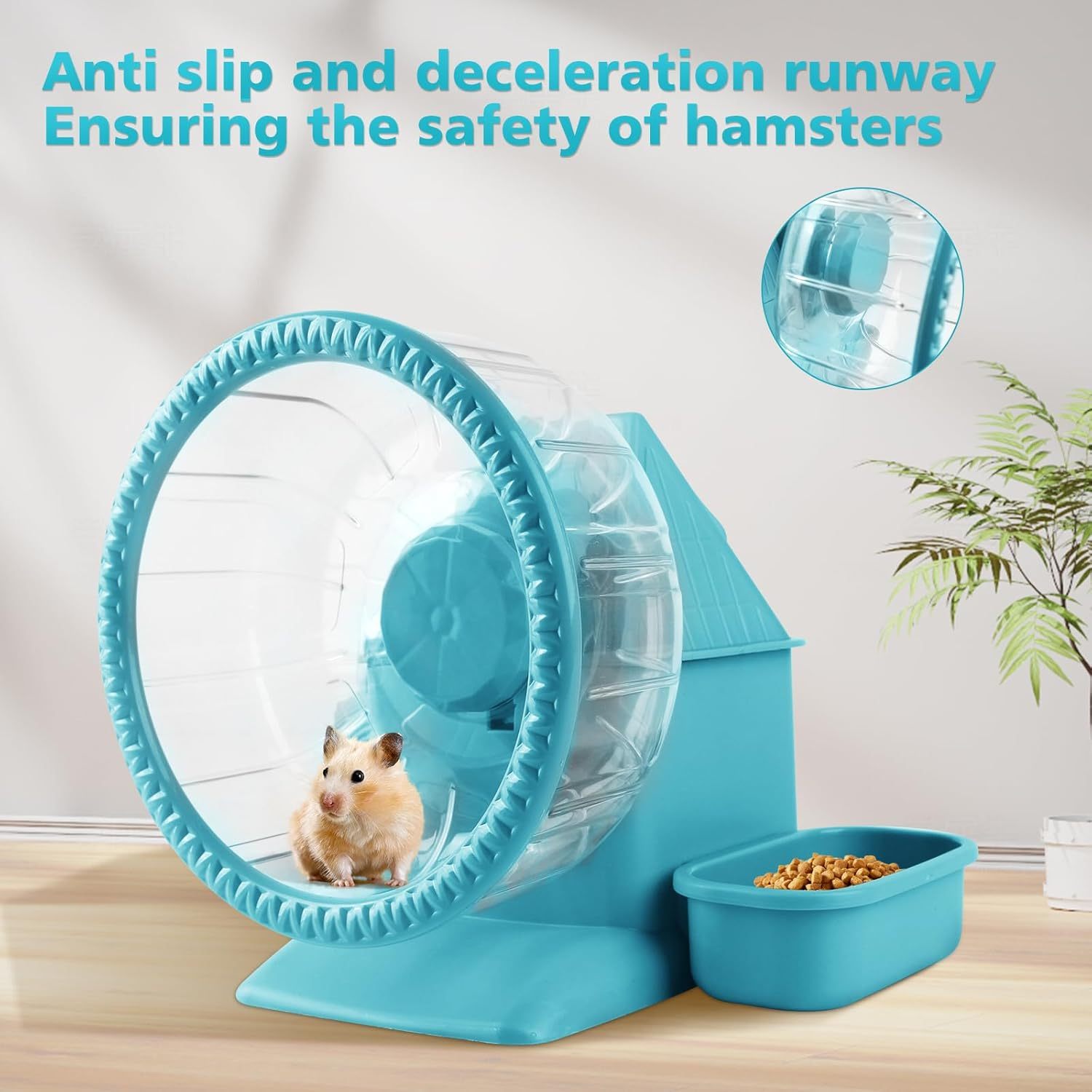4 in 1 Silent Large Hamster Wheel Multifunctional Hamster Running Wheel Quite Running Spinner Wheel Accessories with Food Bowl Water Bottle for Hamsters Dwarf Gerbil (Blue)