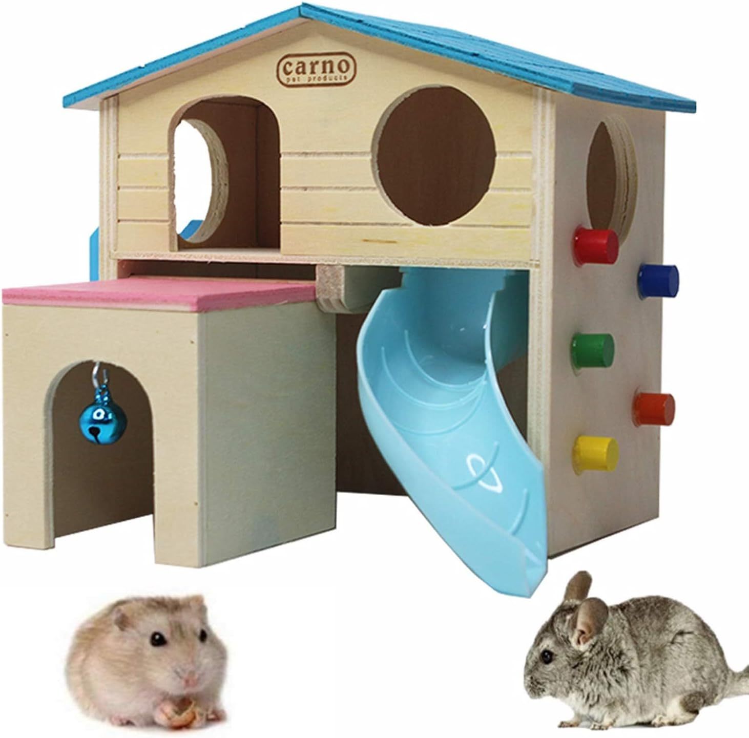 kathson Hamster House Pets Small Animal Hideout with Funny Climbing Ladder Slide Wooden Hut Play Toys Chews for Small Animals Like Dwarf Hamster and Mouse(Blue)
