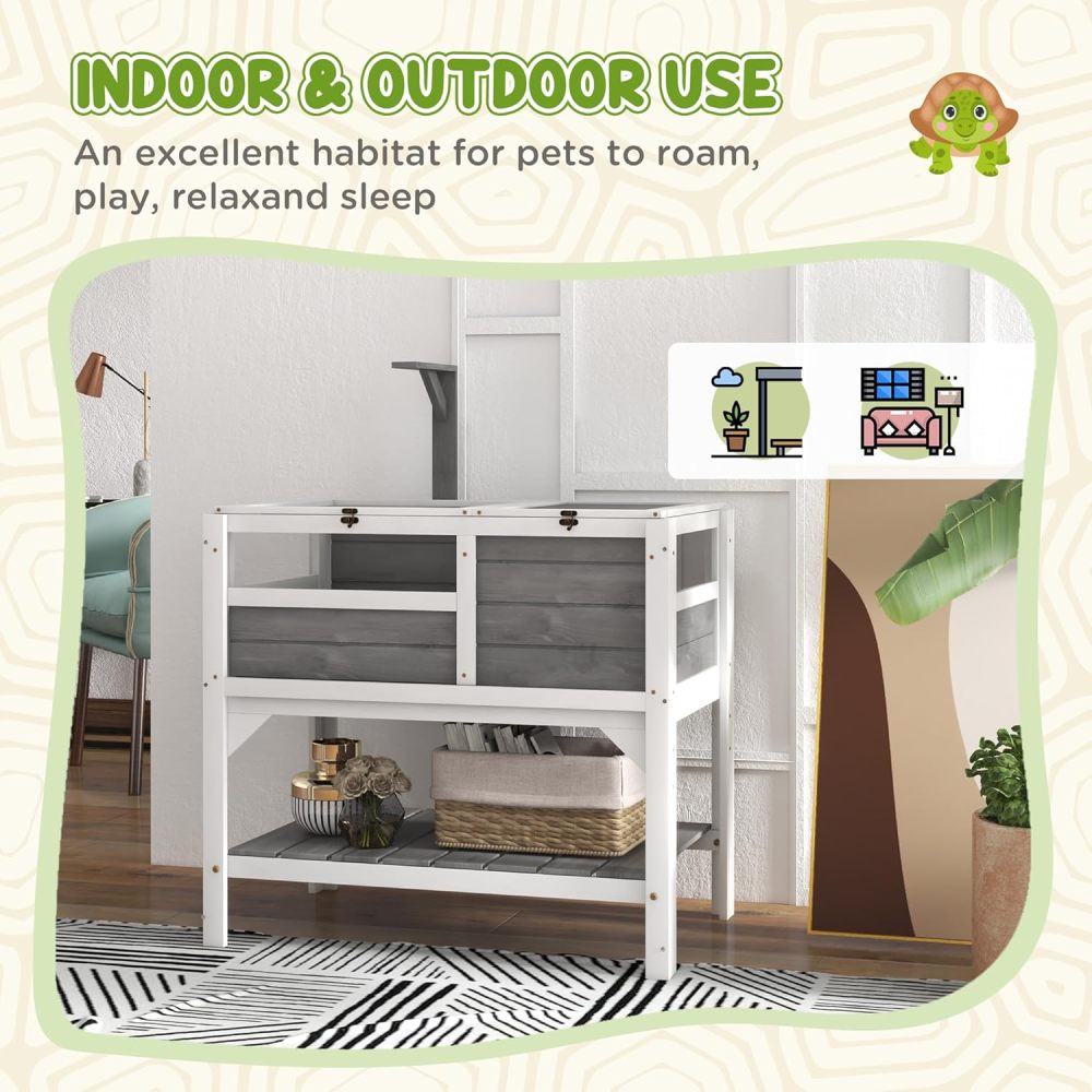 PawHut Tortoise Habitat with Shelf Storage, Reptile Enclosure with Tray, Light Support Frame, Gray
