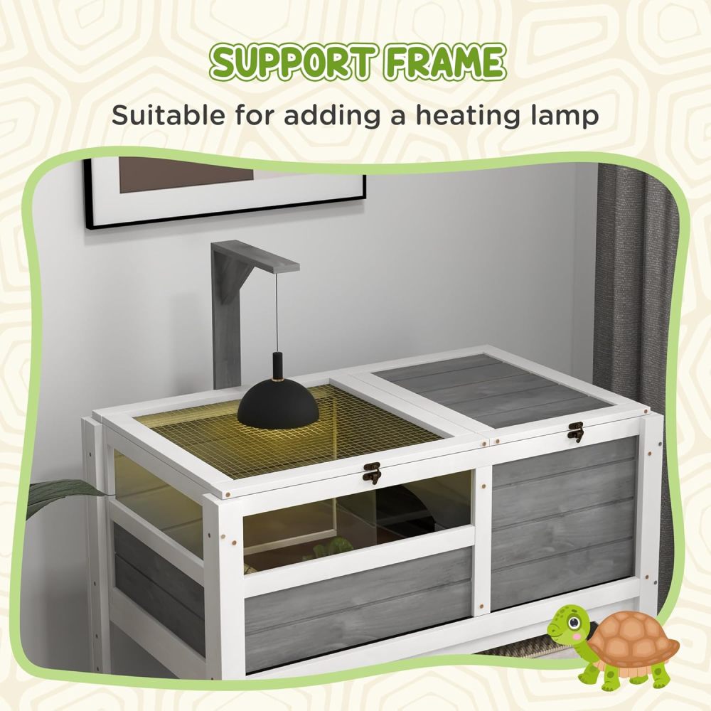 PawHut Tortoise Habitat with Shelf Storage, Reptile Enclosure with Tray, Light Support Frame, Gray