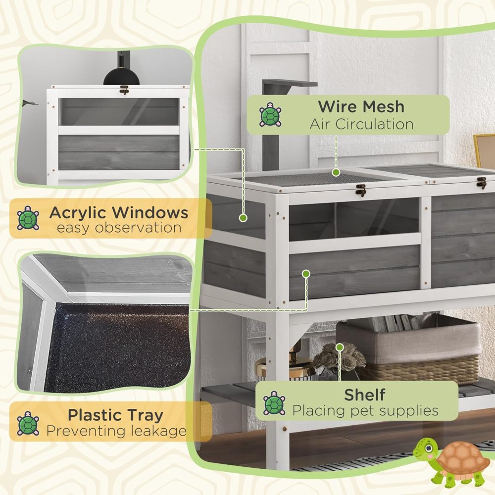 PawHut Tortoise Habitat with Shelf Storage, Reptile Enclosure with Tray, Light Support Frame, Gray