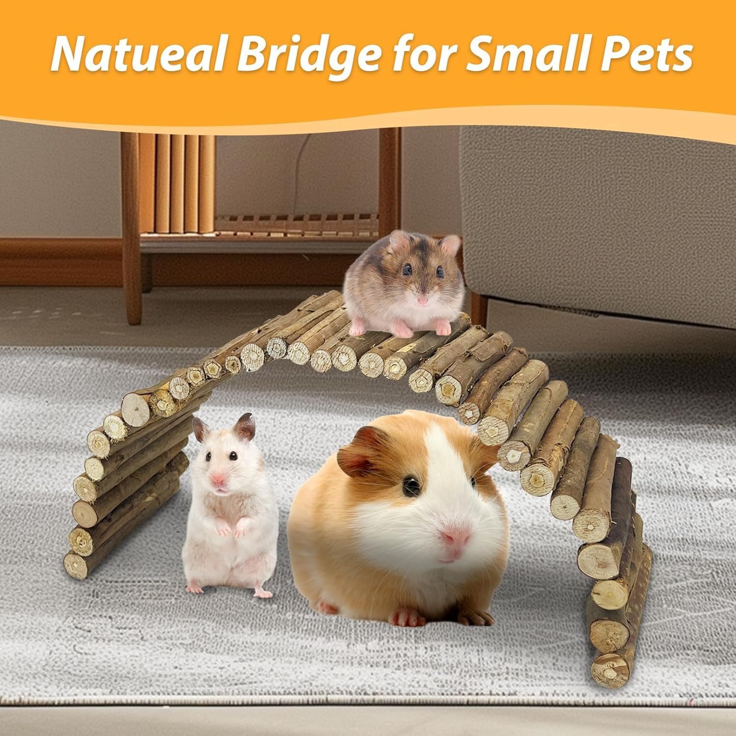Hamiledyi Wooden Hamster Bridge Ladder 19.7" L x 5.9" W Large Climbing Toy Natural Hideout Tunnel Ramp Hamster Cage Accessories for Rabbits Guinea Pigs Ferret Tortoise Reptile (Pack of 2)