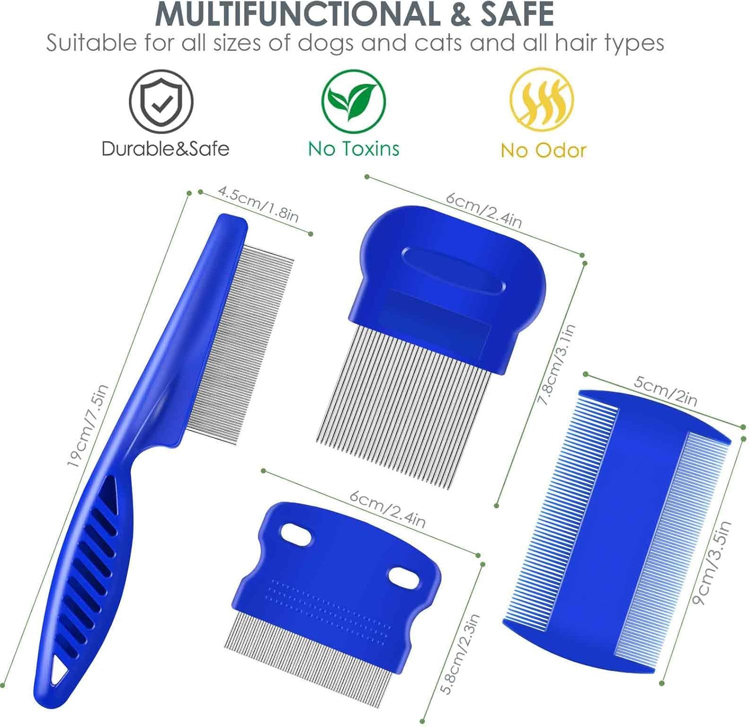 4 Pack Flea Lice Comb, Stainless Steel Dog Cat Grooming Combs with Rounded Teeth, Double Sided Professional Pet Tear Stain Remover, Dematting Tool for Small, Medium & Large Pets