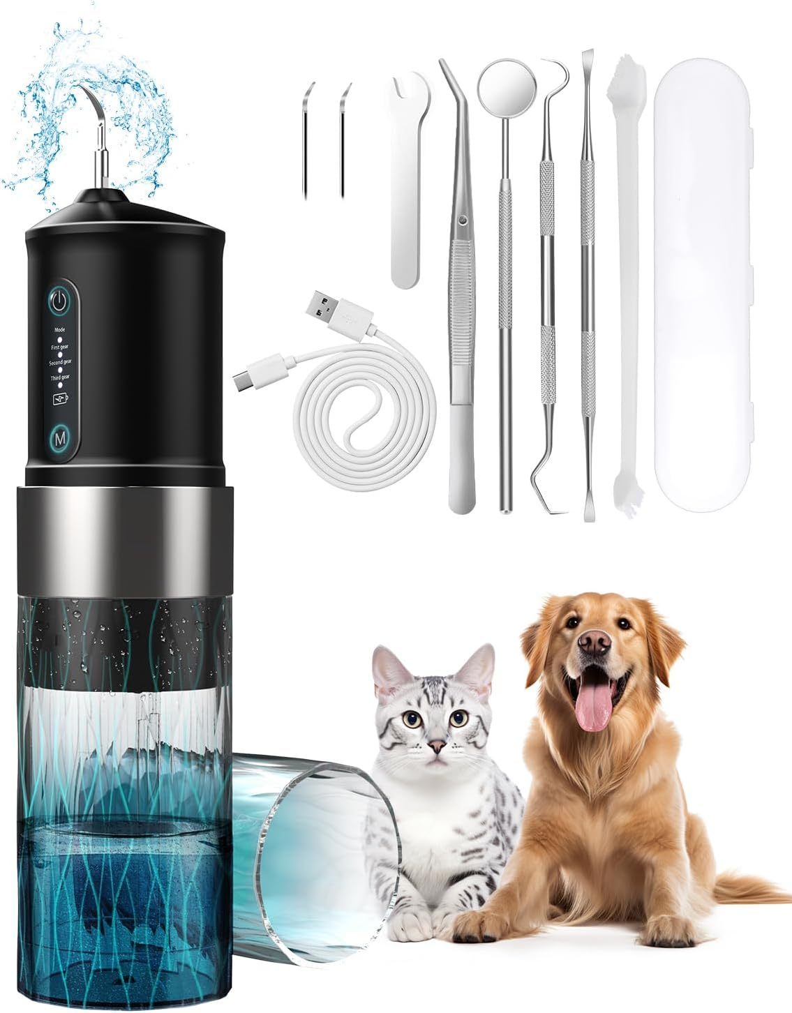 YABIFE Non-Vibrating Ultrasonic Tooth Cleaner for Dogs with Water Cooling System. Dog Plaque and Starter Remover, with Dental Care Kit and Teeth Brush, 3 Cleaning Modes with Lighting