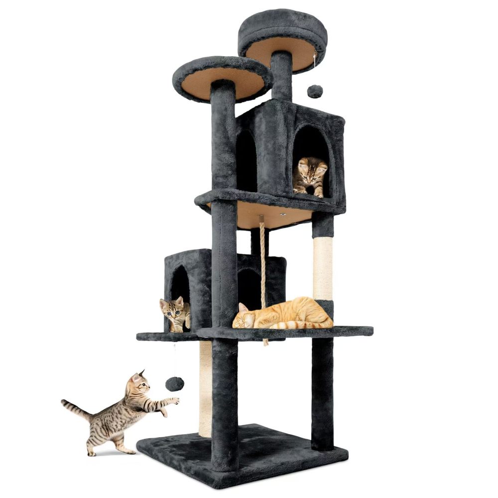 Xin Three Layer Cat Tree with Cat Condo and Two Hammocks,Grey