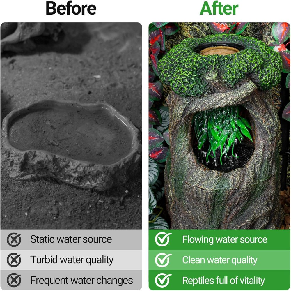 REPTI ZOO Large Reptile Waterfall Drinking Fountain with Food Dish, 1000ML Reptile Terrarium Water Dispenser for Bearded Dragon Gecko Chameleon Lizard Tree Frog Turtle