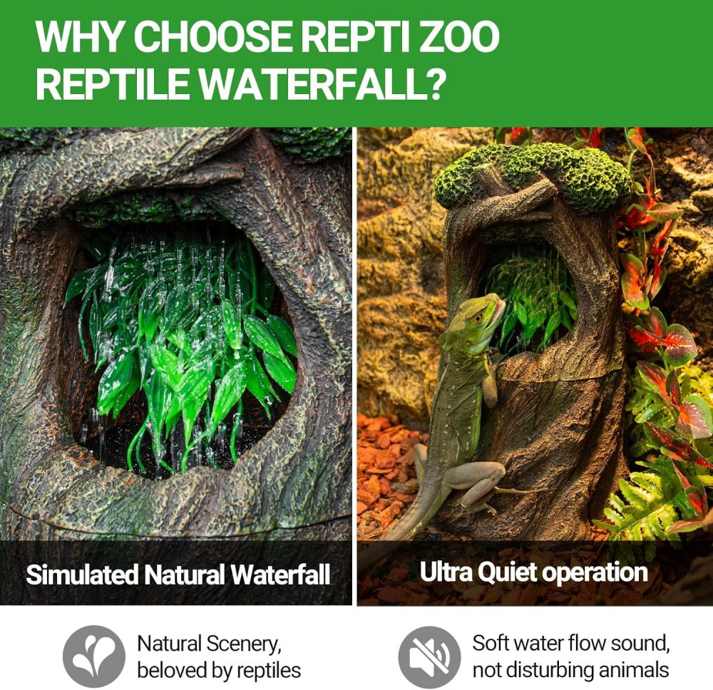 REPTI ZOO Large Reptile Waterfall Drinking Fountain with Food Dish, 1000ML Reptile Terrarium Water Dispenser for Bearded Dragon Gecko Chameleon Lizard Tree Frog Turtle