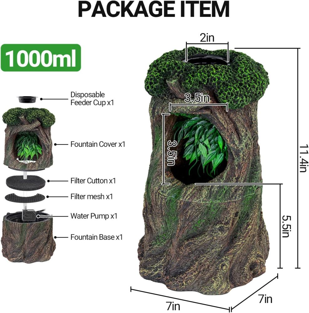 REPTI ZOO Large Reptile Waterfall Drinking Fountain with Food Dish, 1000ML Reptile Terrarium Water Dispenser for Bearded Dragon Gecko Chameleon Lizard Tree Frog Turtle