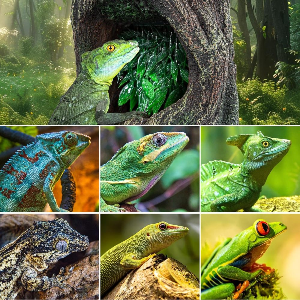 REPTI ZOO Large Reptile Waterfall Drinking Fountain with Food Dish, 1000ML Reptile Terrarium Water Dispenser for Bearded Dragon Gecko Chameleon Lizard Tree Frog Turtle
