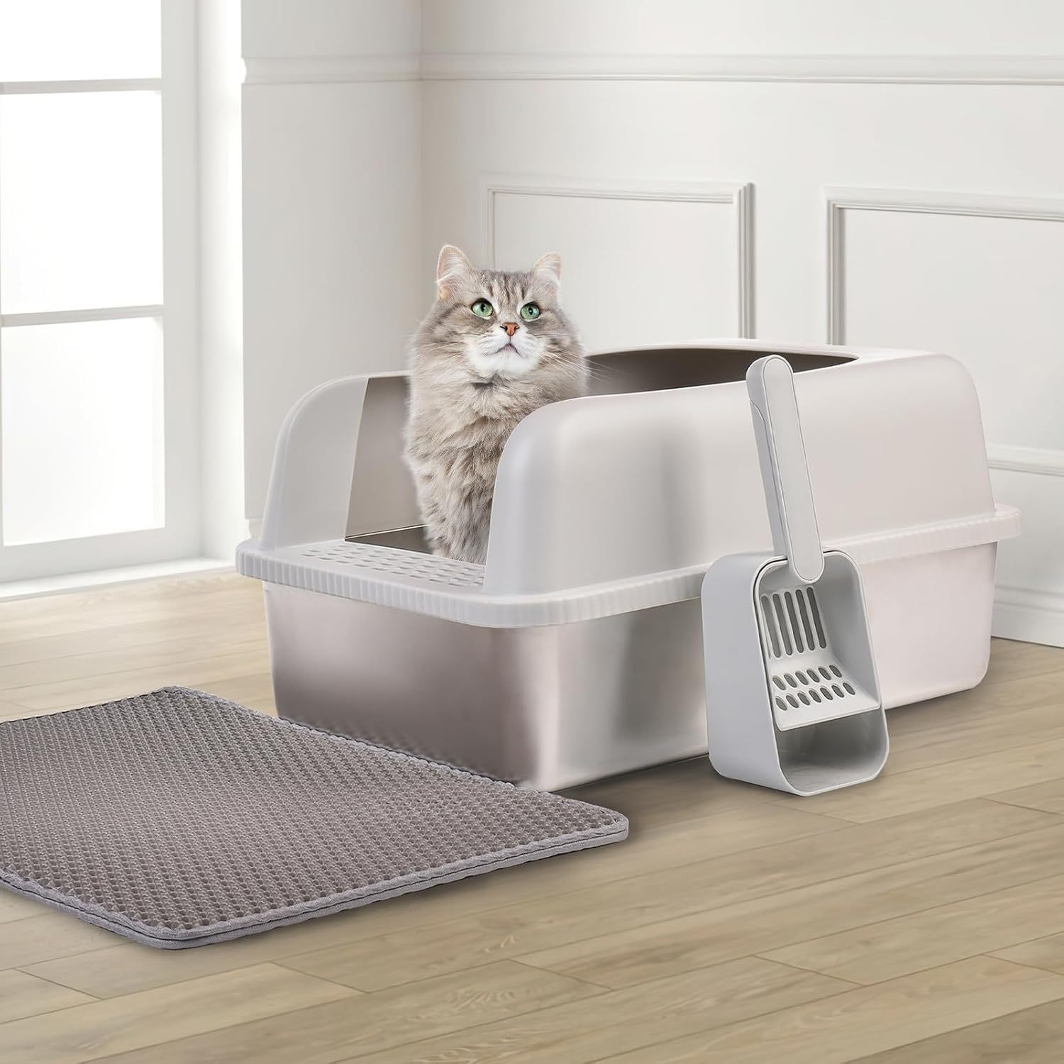 Stainless Steel Cat Litter Box with Lid, 20" L x 14.2" W x 11.8" H, Extra Large Litter Box for Big Cats with High Sided, Anti-Urine Leakage, Easy Cleaning, Include Cat Mat and Scoop