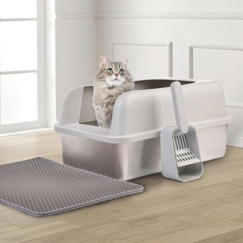 Stainless Steel Cat Litter Box with Lid, 20" L x 14.2" W x 11.8" H, Extra Large Litter Box for Big Cats with High Sided, Anti-Urine Leakage, Easy Cleaning, Include Cat Mat and Scoop