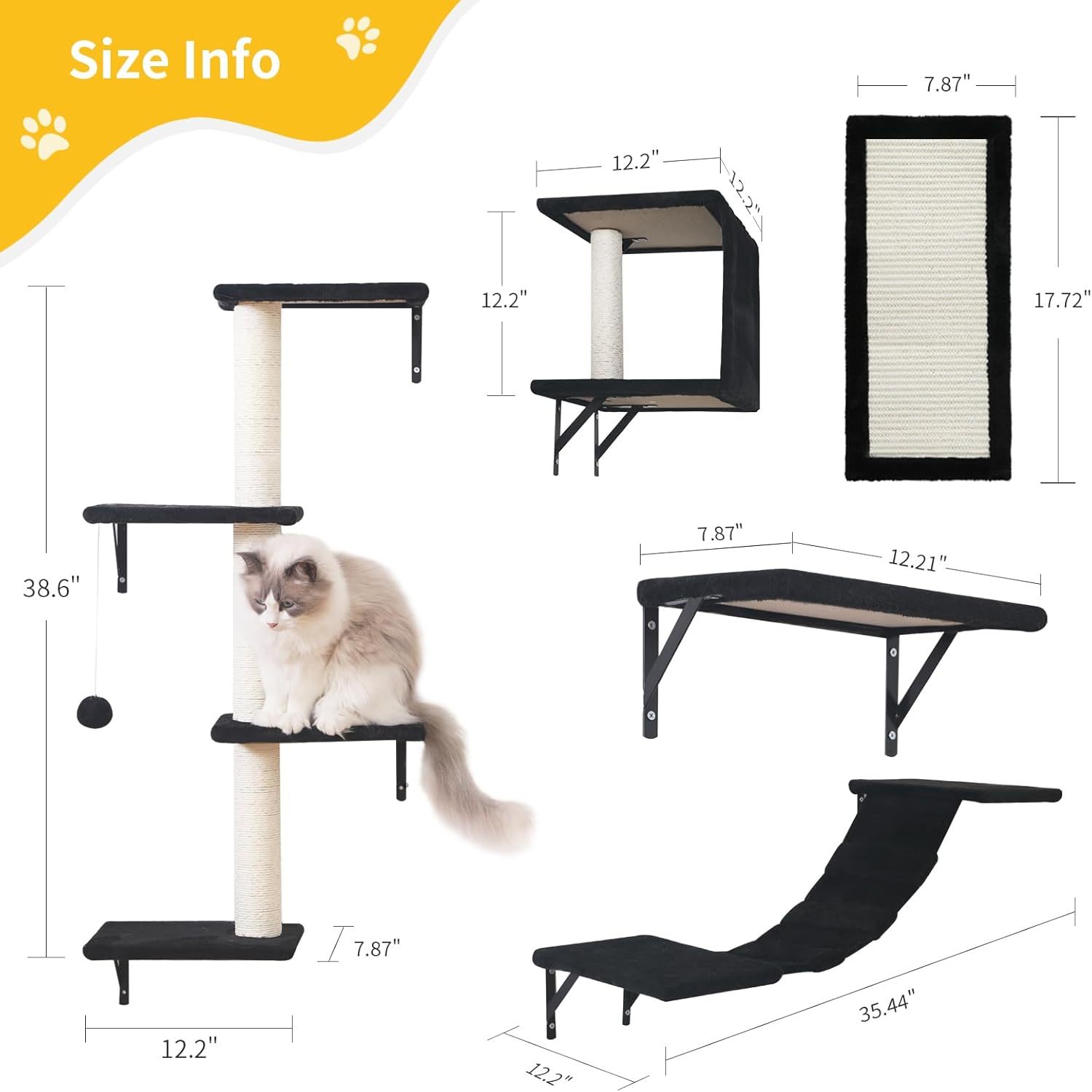 Modern Wall-Mounted Cat Furniture - 5pcs Cat Wall Shelves, Wooden Climber Includes House, Bridge, Tree, Steps, and Scratcher (Black)