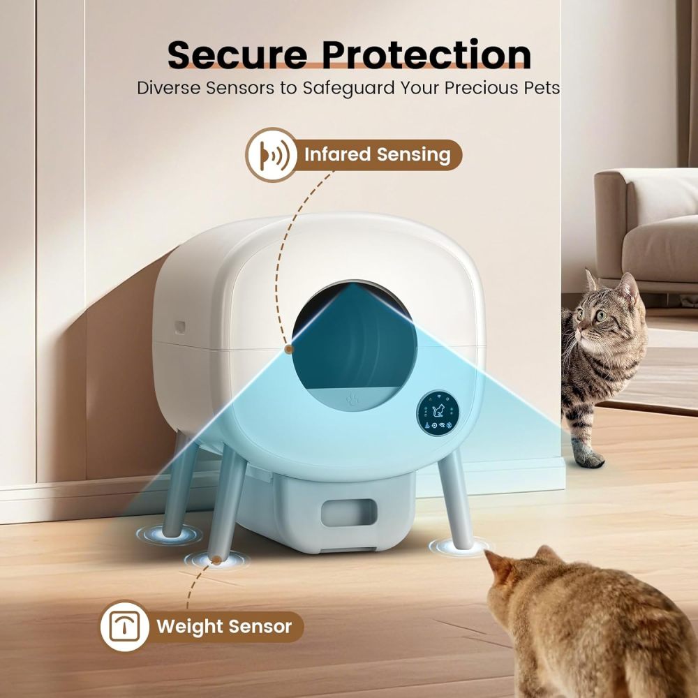Automatic Cat Litter Box,Self Cleaning Litter Box Large Capacity for Multiple Cats with App Control and Safety Protection,2 Roll Litter Bags,White