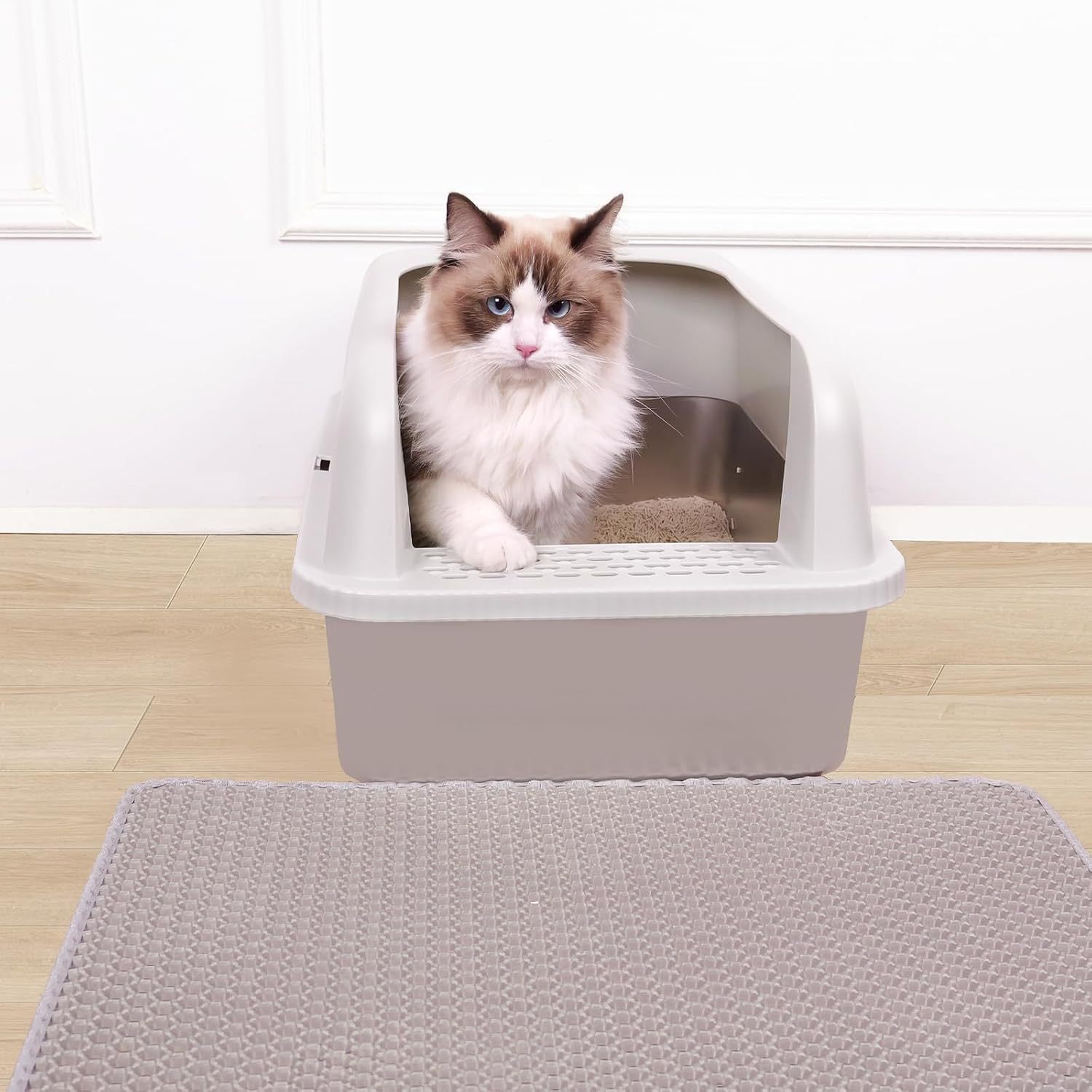 Stainless Steel Cat Litter Box with Lid, 20" L x 14.2" W x 11.8" H, Extra Large Litter Box for Big Cats with High Sided, Anti-Urine Leakage, Easy Cleaning, Include Cat Mat and Scoop