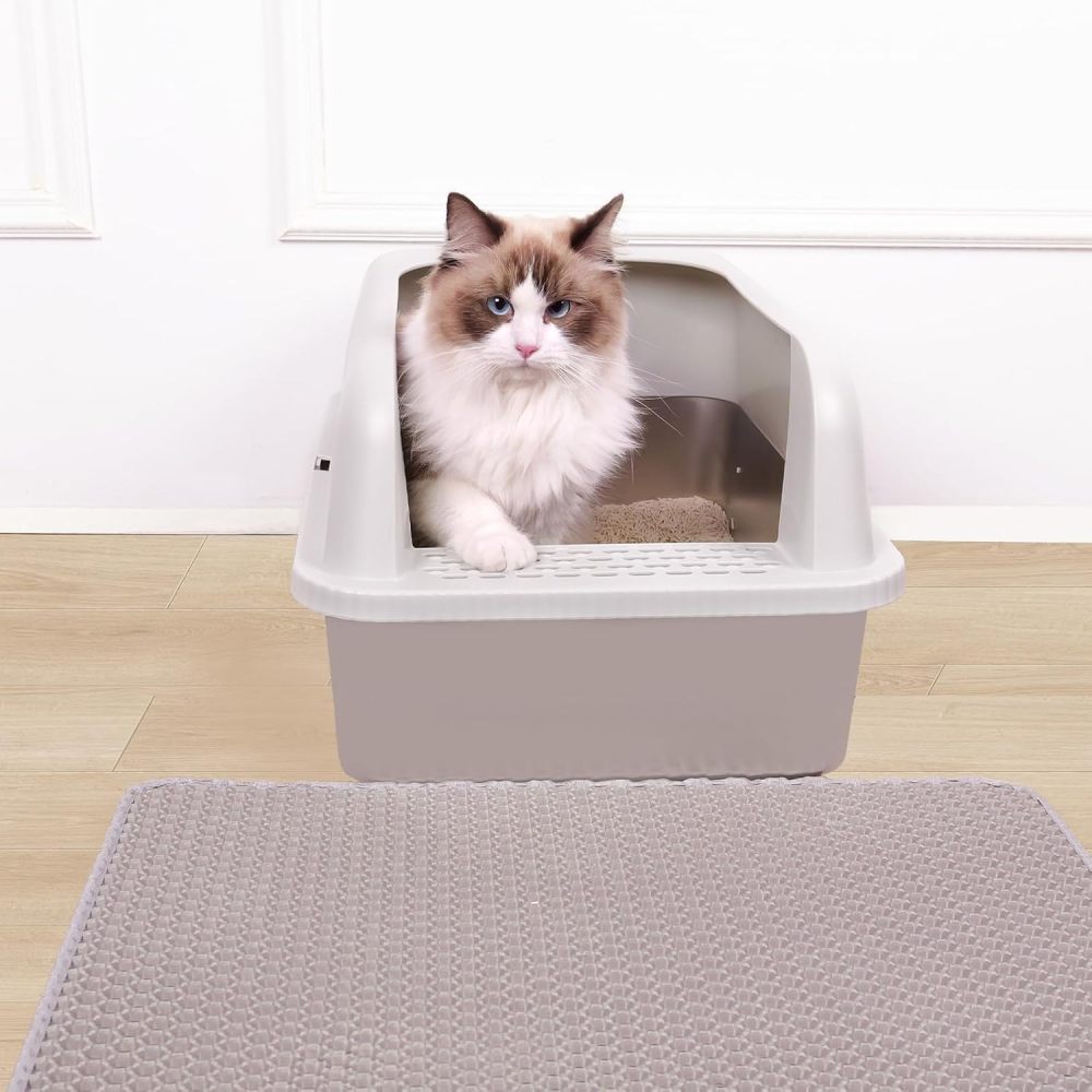 Stainless Steel Cat Litter Box with Lid, 20" L x 14.2" W x 11.8" H, Extra Large Litter Box for Big Cats with High Sided, Anti-Urine Leakage, Easy Cleaning, Include Cat Mat and Scoop