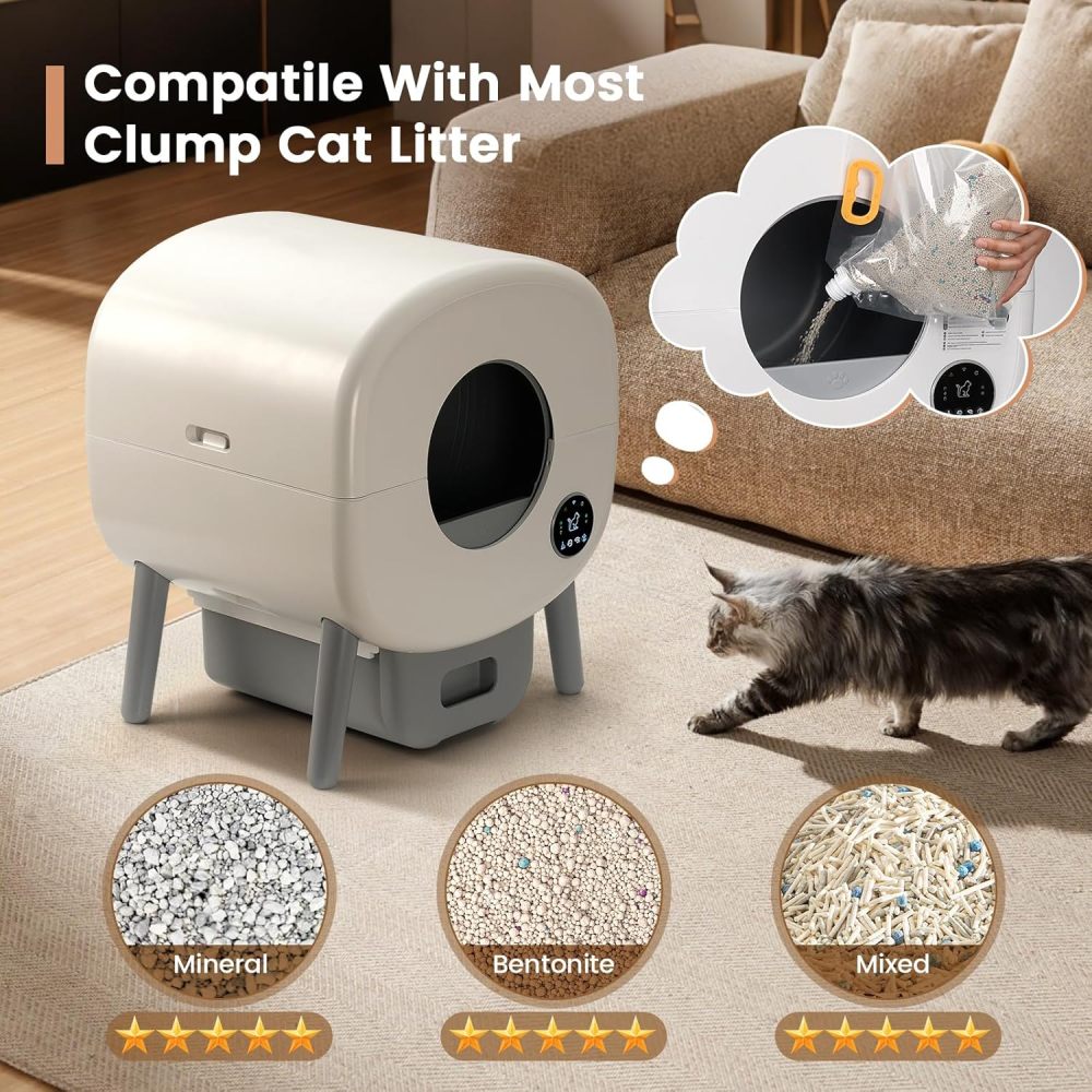 Automatic Cat Litter Box,Self Cleaning Litter Box Large Capacity for Multiple Cats with App Control and Safety Protection,2 Roll Litter Bags,White
