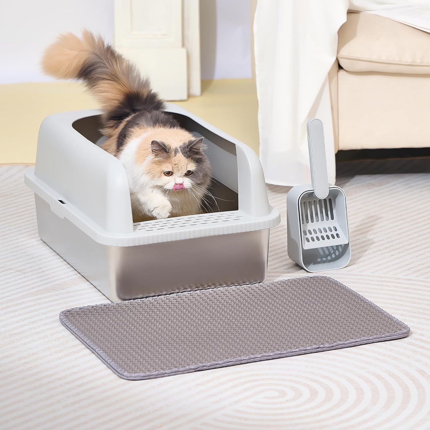 Stainless Steel Cat Litter Box with Lid, 20" L x 14.2" W x 11.8" H, Extra Large Litter Box for Big Cats with High Sided, Anti-Urine Leakage, Easy Cleaning, Include Cat Mat and Scoop