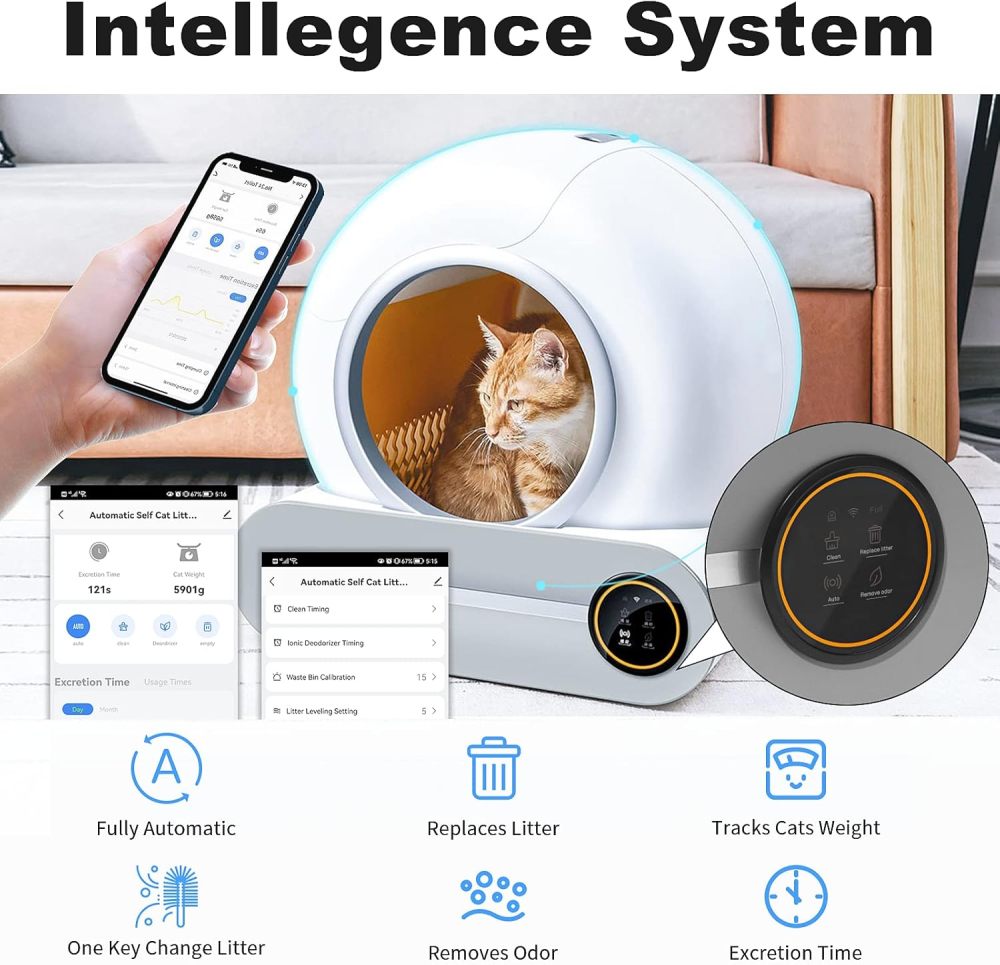 Automatic Cat Litter Box, 65+15L Extra Large No Scooping Self-Clean Cat Litter Box Robot with Sensors Safety Protection/Deodorisation/APP Control/Large Capcity for Multiple Cats, from 2 to 17LB