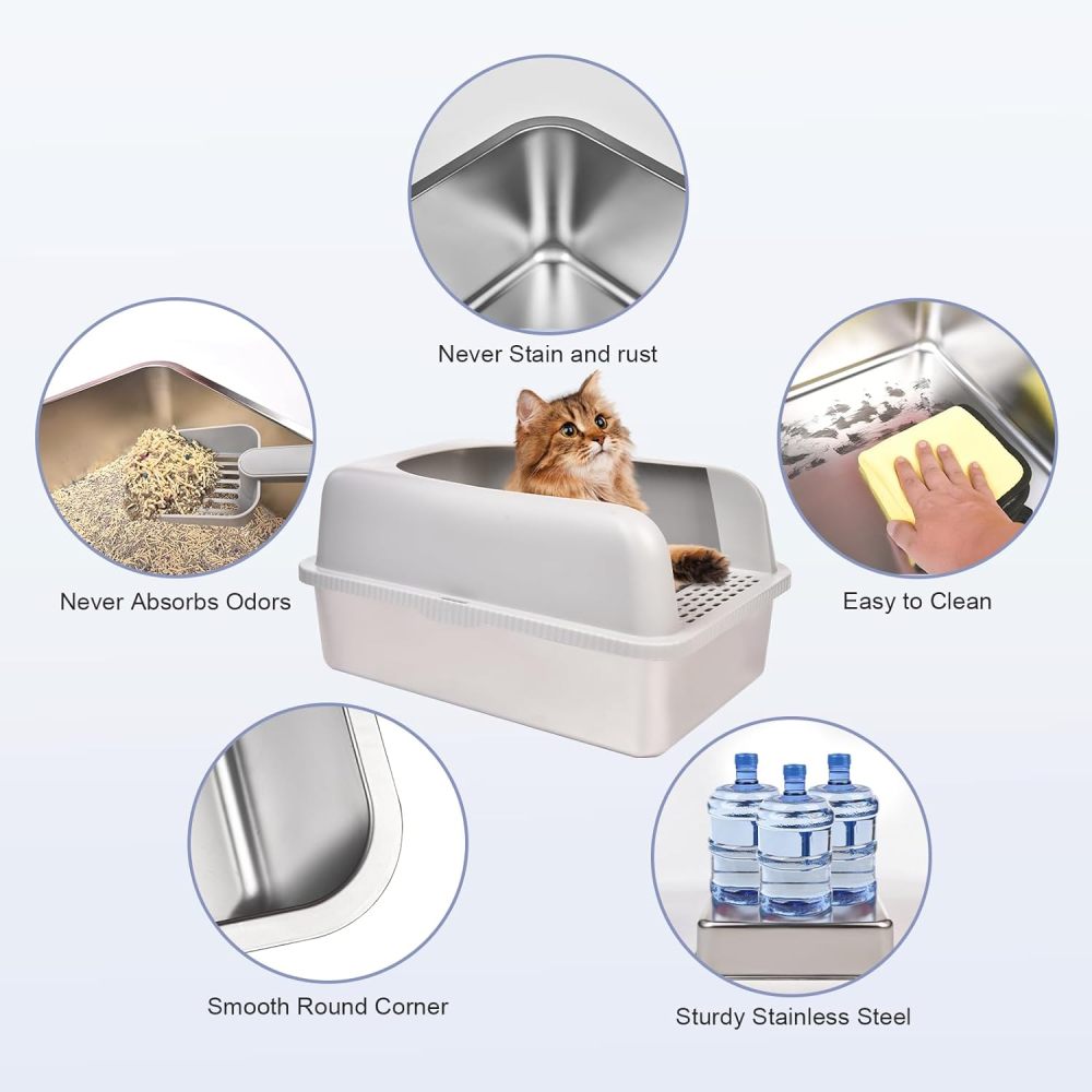 Stainless Steel Cat Litter Box with Lid, 20" L x 14.2" W x 11.8" H, Extra Large Litter Box for Big Cats with High Sided, Anti-Urine Leakage, Easy Cleaning, Include Cat Mat and Scoop