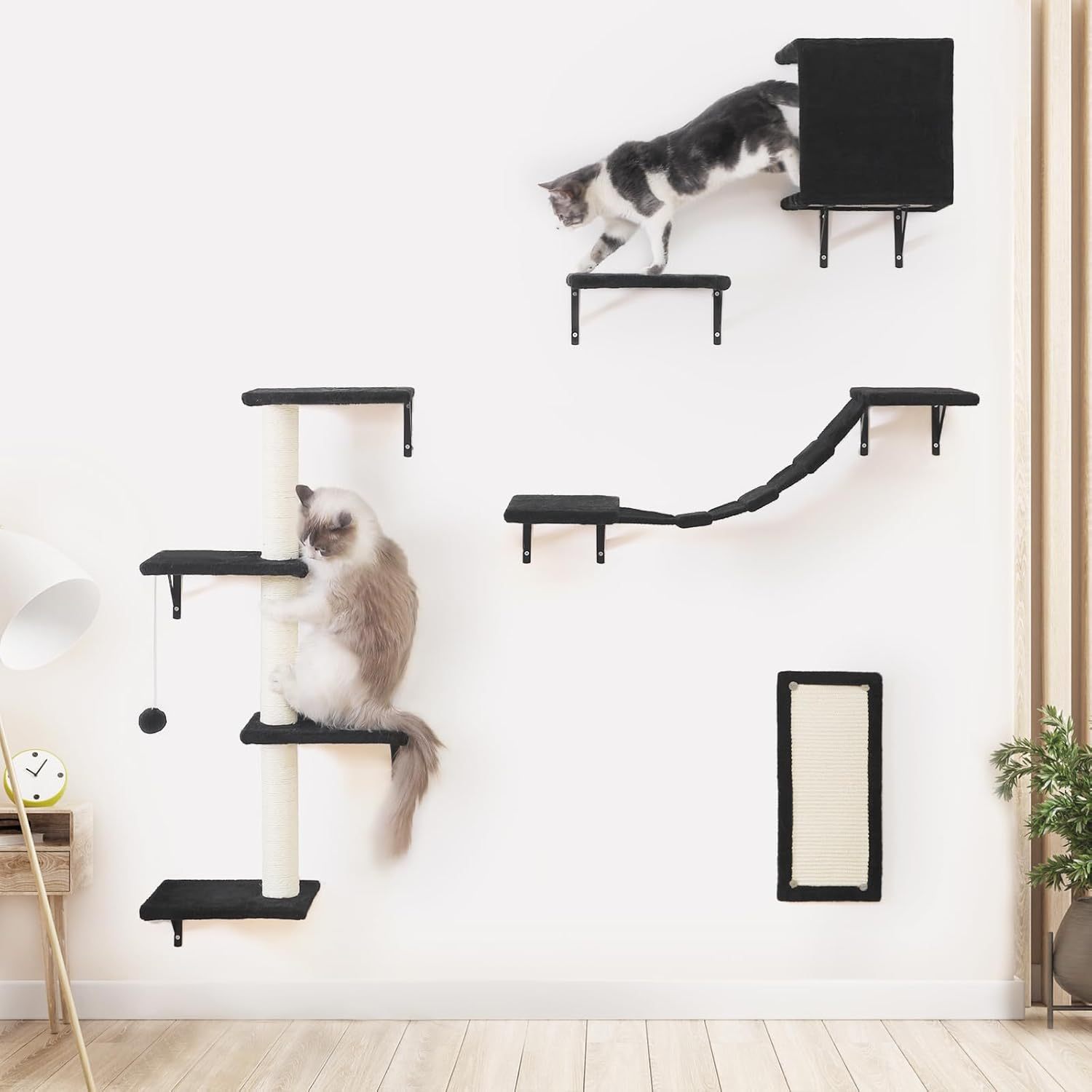 Modern Wall-Mounted Cat Furniture - 5pcs Cat Wall Shelves, Wooden Climber Includes House, Bridge, Tree, Steps, and Scratcher (Black)