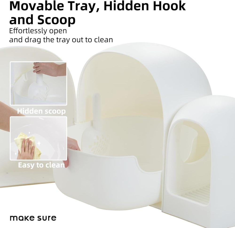 MS!MAKE SURE Cat Litter Box Enclosure with Lid, Extra Large Covered Hidden Dog Proof Closed Modern Cat Litter Box Furniture with Scoop, for Odor Control and Less Tracking, Easy to Clean - Snow White