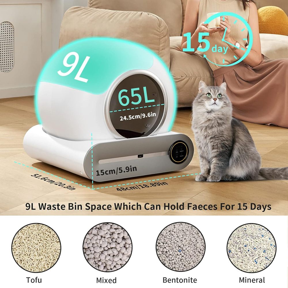 Automatic Cat Litter Box, 65+15L Extra Large No Scooping Self-Clean Cat Litter Box Robot with Sensors Safety Protection/Deodorisation/APP Control/Large Capcity for Multiple Cats, from 2 to 17LB