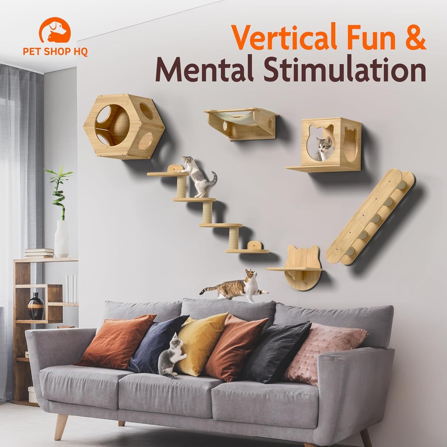 Wall-Mounted Cat Furniture for Climbing - Indoor Wooden Floating Shelves, Perches, Hammock, Bed, Bridges, and Walkways - Different Models Available