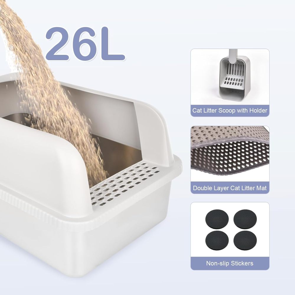 Stainless Steel Cat Litter Box with Lid, 20" L x 14.2" W x 11.8" H, Extra Large Litter Box for Big Cats with High Sided, Anti-Urine Leakage, Easy Cleaning, Include Cat Mat and Scoop