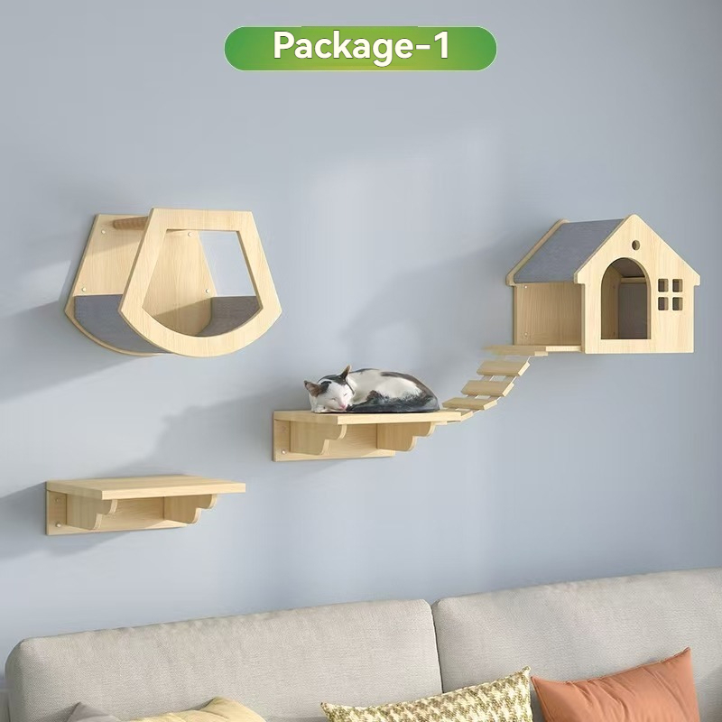 Wall-Mounted Cat Furniture for Climbing - Indoor Wooden Floating Shelves, Perches, Hammock, Bed, Bridges, and Walkways - Different Models Available