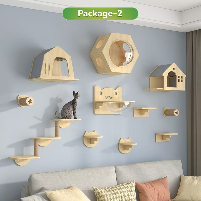 Wall-Mounted Cat Furniture for Climbing - Indoor Wooden Floating Shelves, Perches, Hammock, Bed, Bridges, and Walkways - Different Models Available