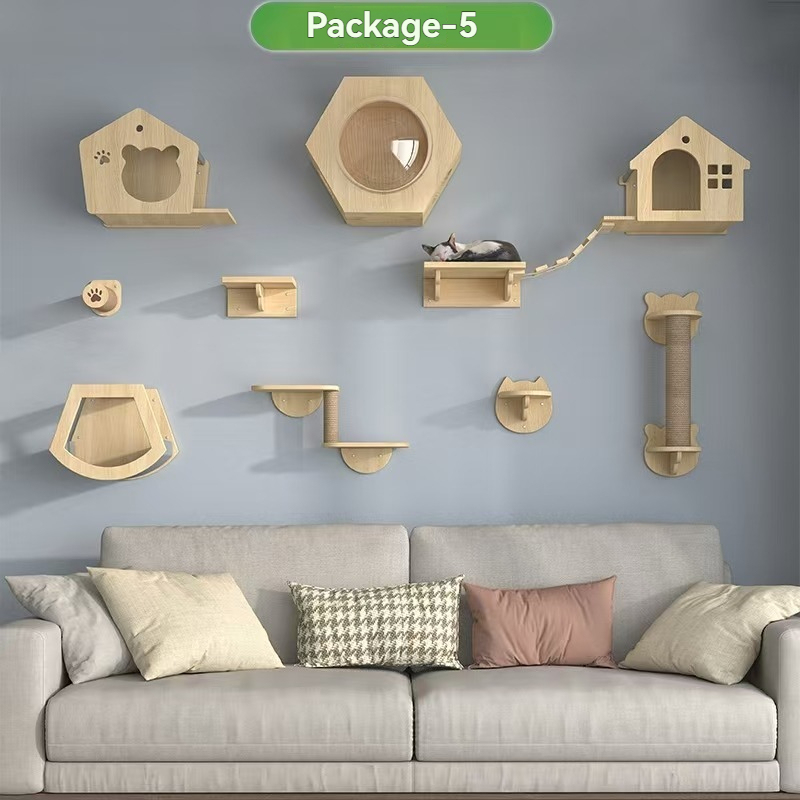 Wall-Mounted Cat Furniture for Climbing - Indoor Wooden Floating Shelves, Perches, Hammock, Bed, Bridges, and Walkways - Different Models Available