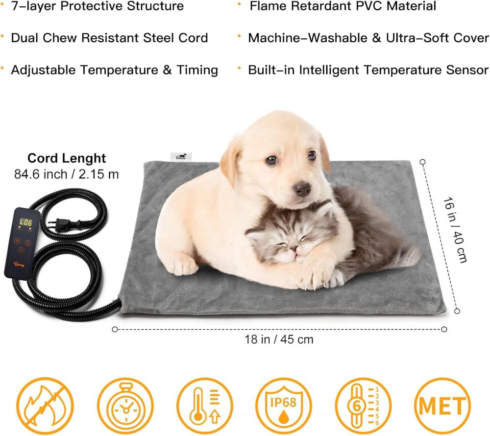 Toozey Pet Heating Pad, 6 Adjustable Temperature Dog Cat Heating Pad with Timer, Waterproof Heated Cat Bed with Chew Resistant Cord, Indoor Electric Pet Heated Mat 18x16in