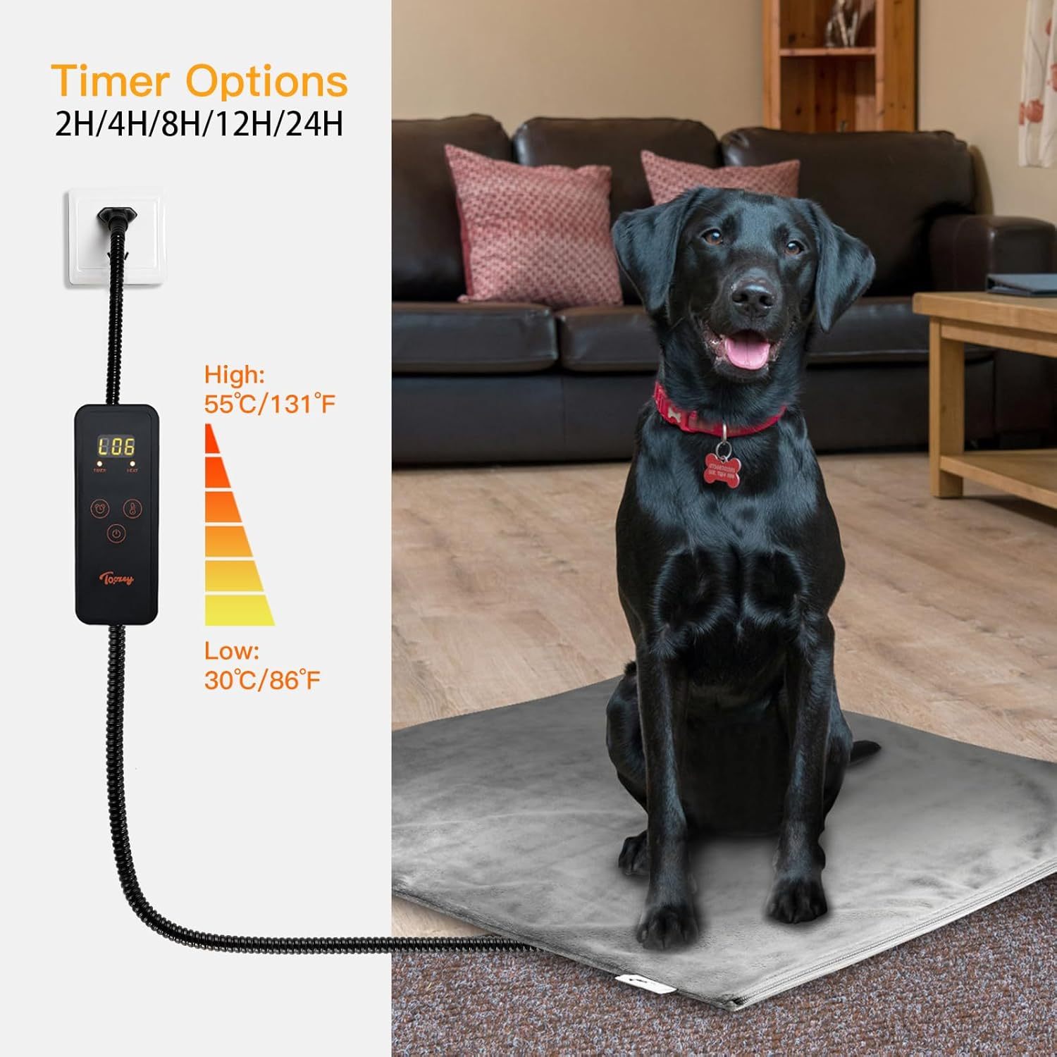 Toozey Pet Heating Pad, 6 Adjustable Temperature Dog Cat Heating Pad with Timer, Waterproof Heated Cat Bed with Chew Resistant Cord, Indoor Electric Pet Heated Mat 18x16in