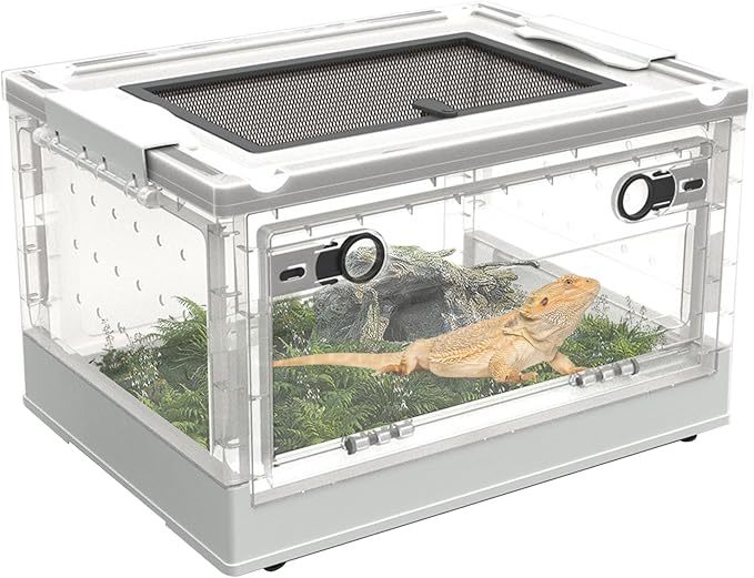 PINVNBY Plastic Reptile Feeding Box with Wheels,Reptiles Breeding Enclosure Cages Transparent Amphibians Habitat Terrarium Tank Portable Transport Container for Lizard,Bearded Dragon(Black)