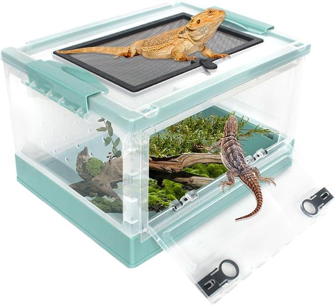 PINVNBY Plastic Reptile Feeding Box with Wheels,Reptiles Breeding Enclosure Cages Transparent Amphibians Habitat Terrarium Tank Portable Transport Container for Lizard,Bearded Dragon(Black)
