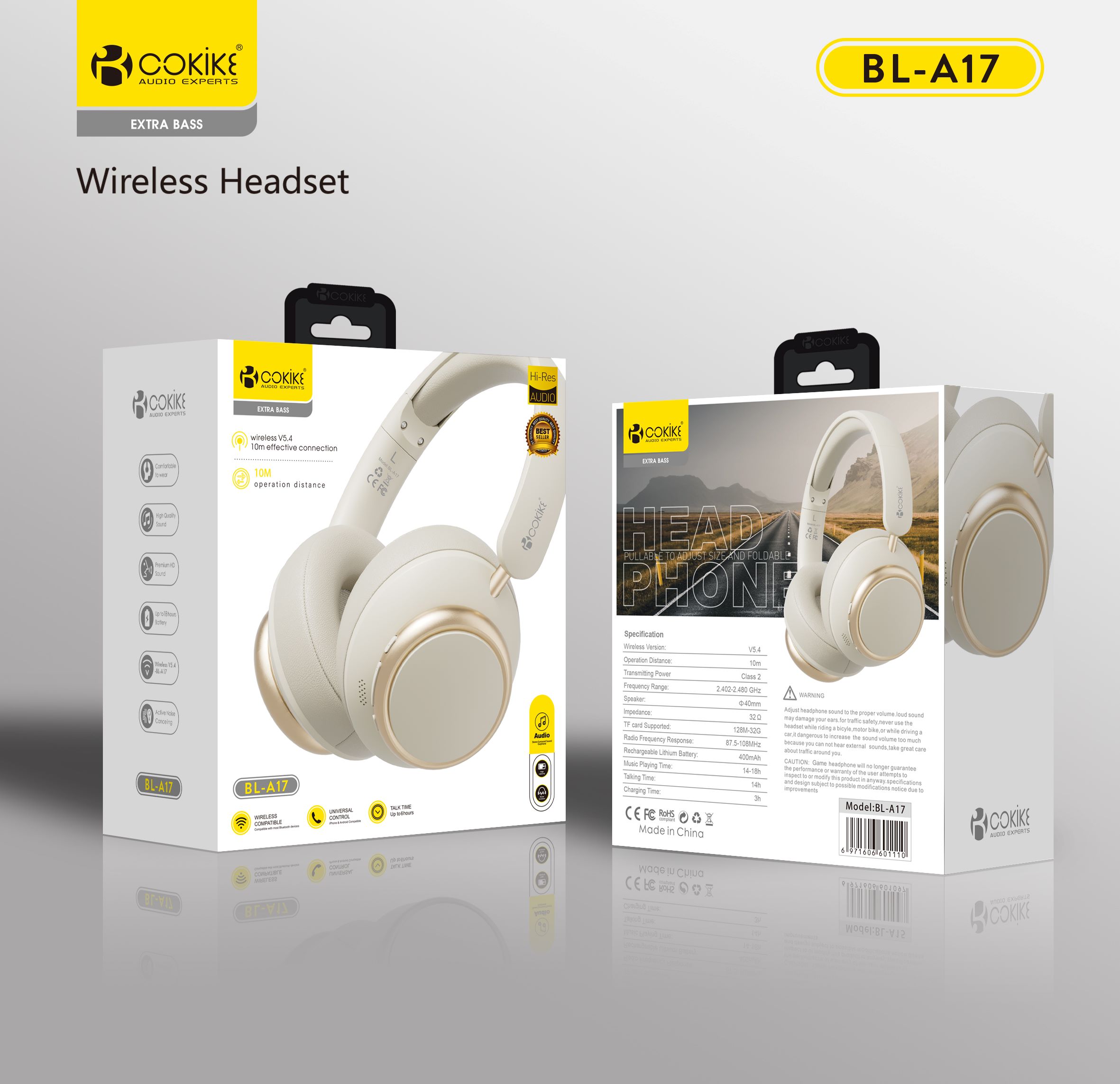 Casque st&eacute;r&eacute;o sans fil COKIKE BL-A17 - Exportateur Casque Bluetooth portable pour t&eacute;l&eacute;phone portable